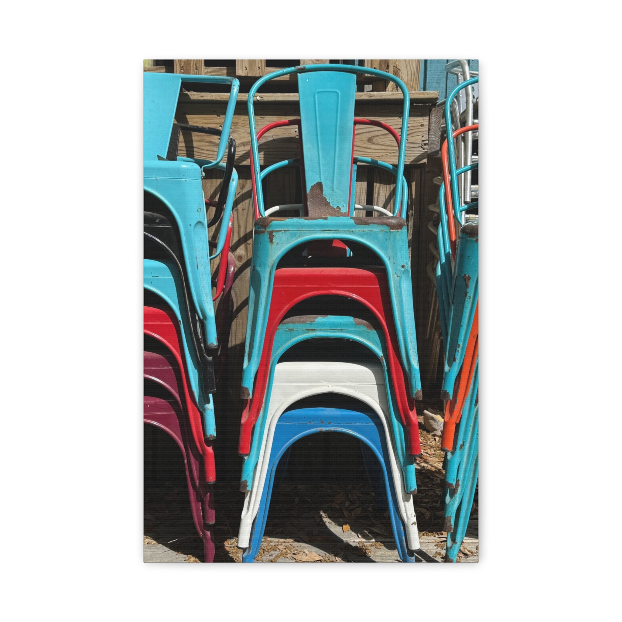Stacked Metal Chairs Canvas Print — Colorful Retro Seating Wall Art