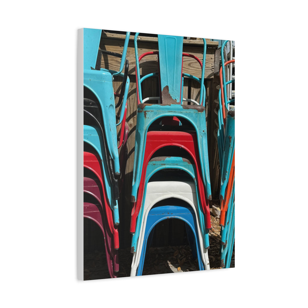 Stacked Metal Chairs Canvas Print — Colorful Retro Seating Wall Art