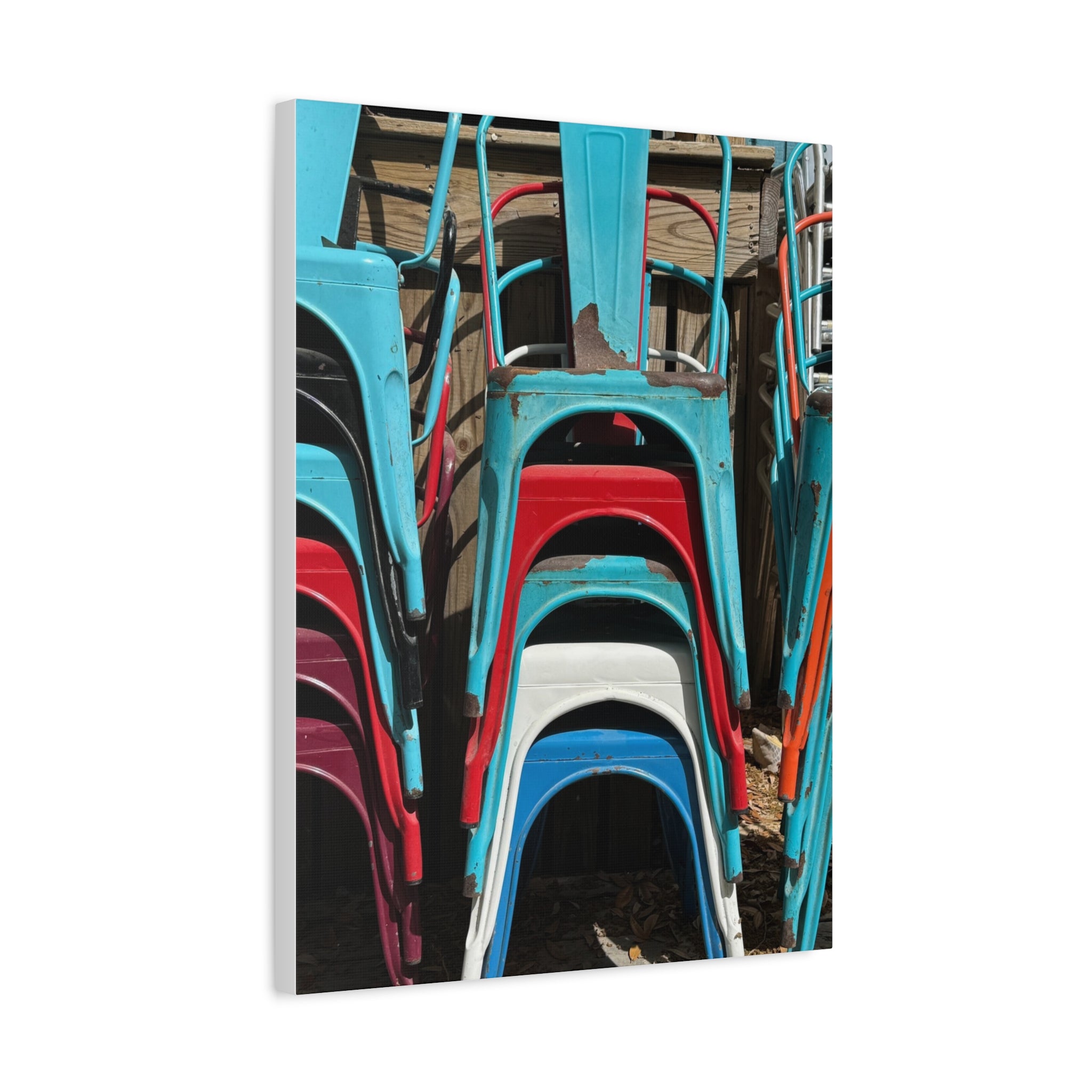 Stacked Metal Chairs Canvas Print — Colorful Retro Seating Wall Art
