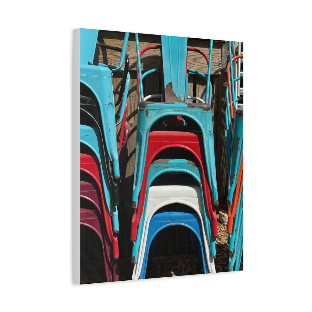 Stacked Metal Chairs Canvas Print — Colorful Retro Seating Wall Art