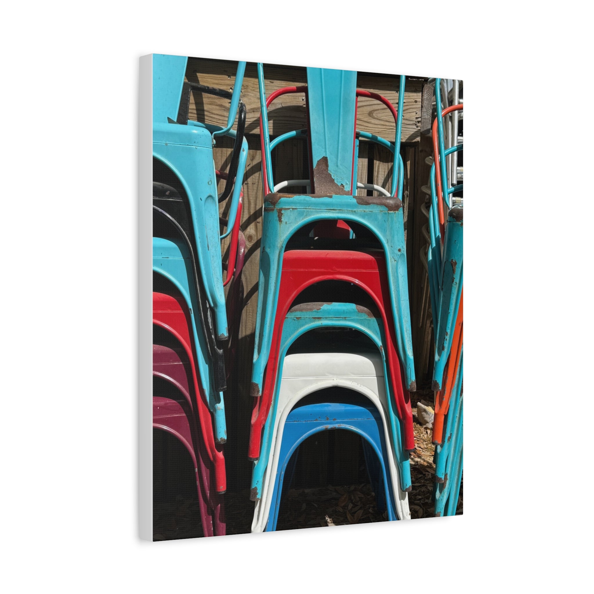 Stacked Metal Chairs Canvas Print — Colorful Retro Seating Wall Art