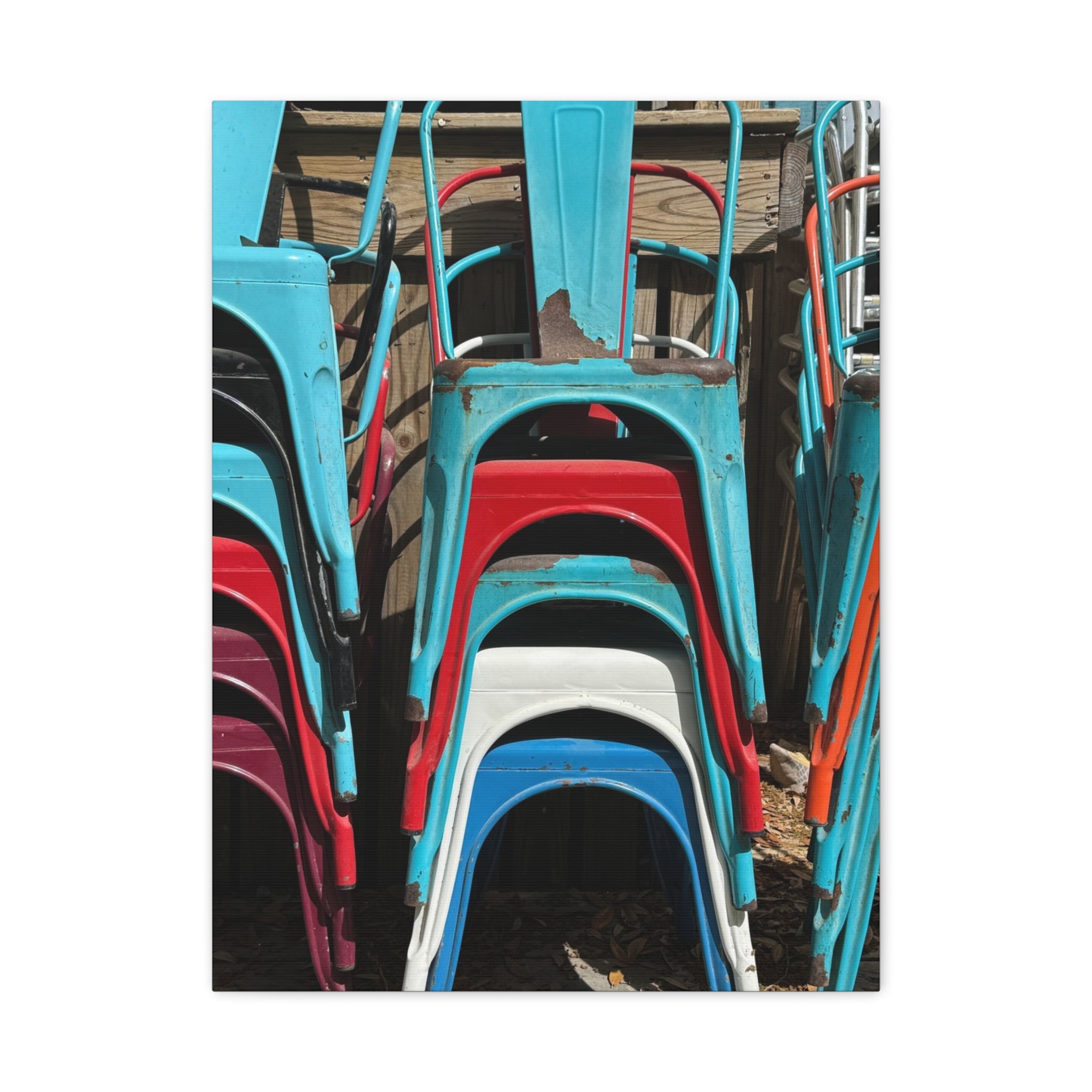 Stacked Metal Chairs Canvas Print — Colorful Retro Seating Wall Art