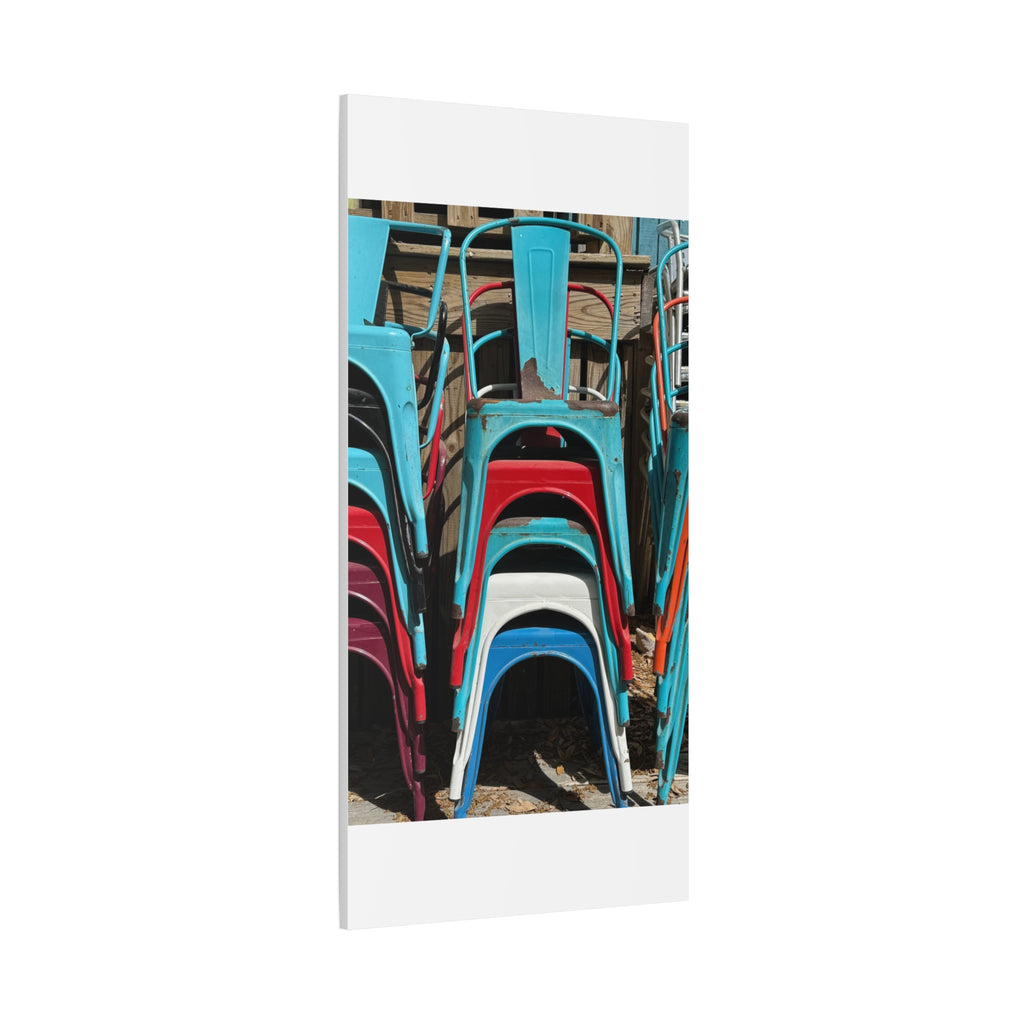 Stacked Metal Chairs Canvas Print — Colorful Retro Seating Wall Art