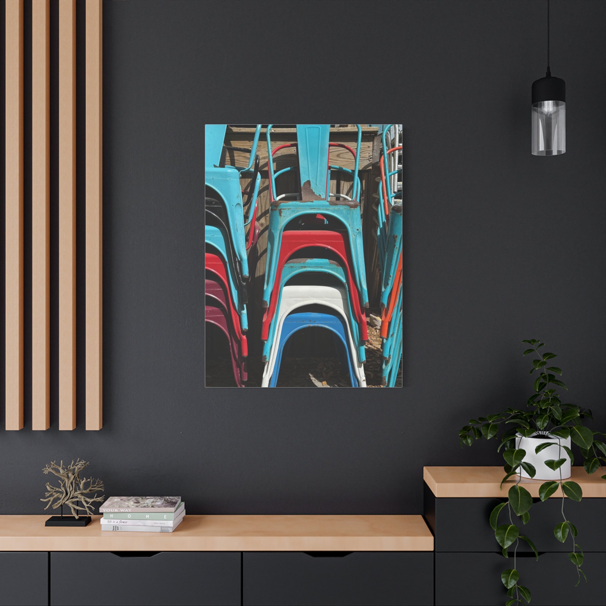 Stacked Metal Chairs Canvas Print — Colorful Retro Seating Wall Art