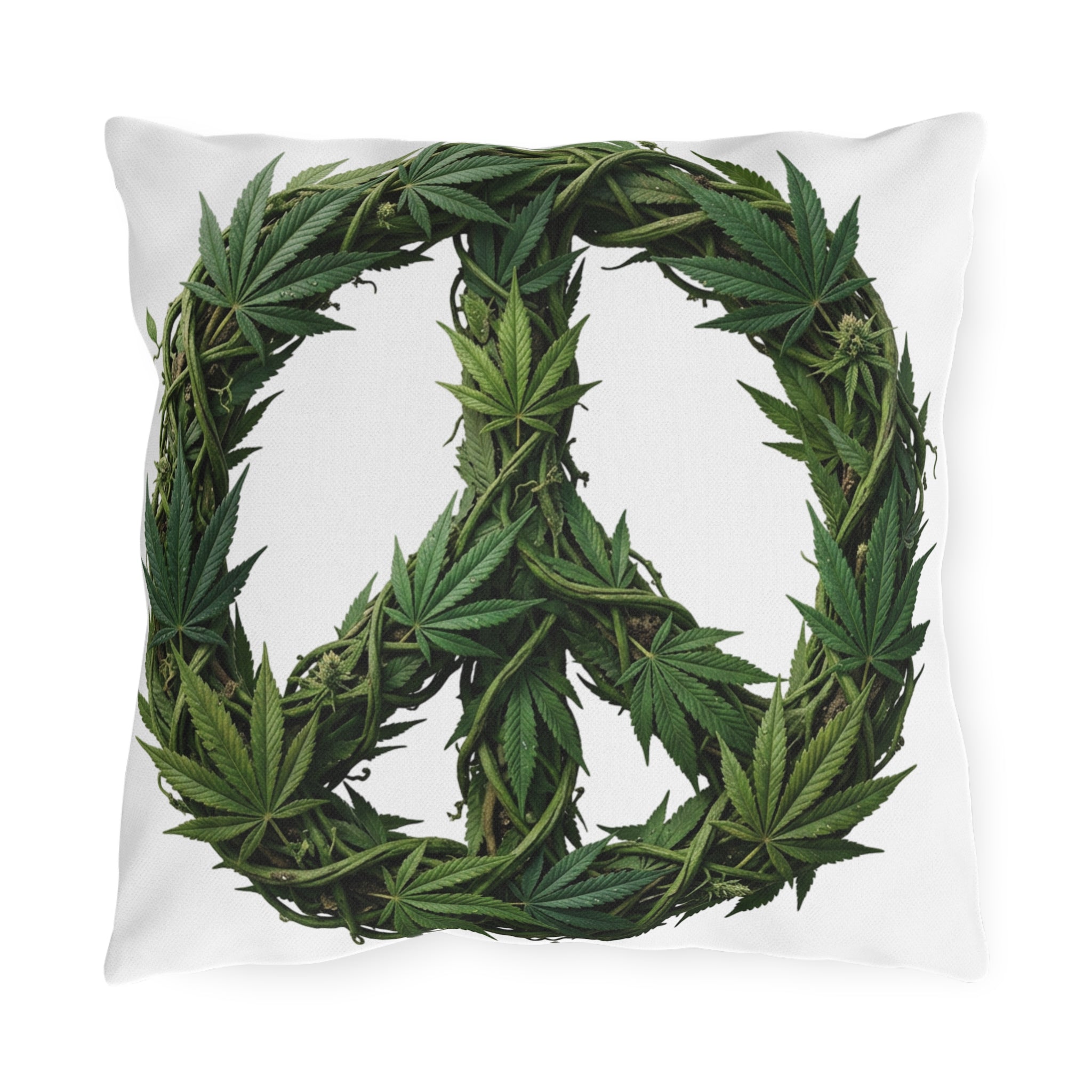 Peace Sign Marijuana Leaf Outdoor Pillow — Boho Cannabis Garden Decorative Cushion