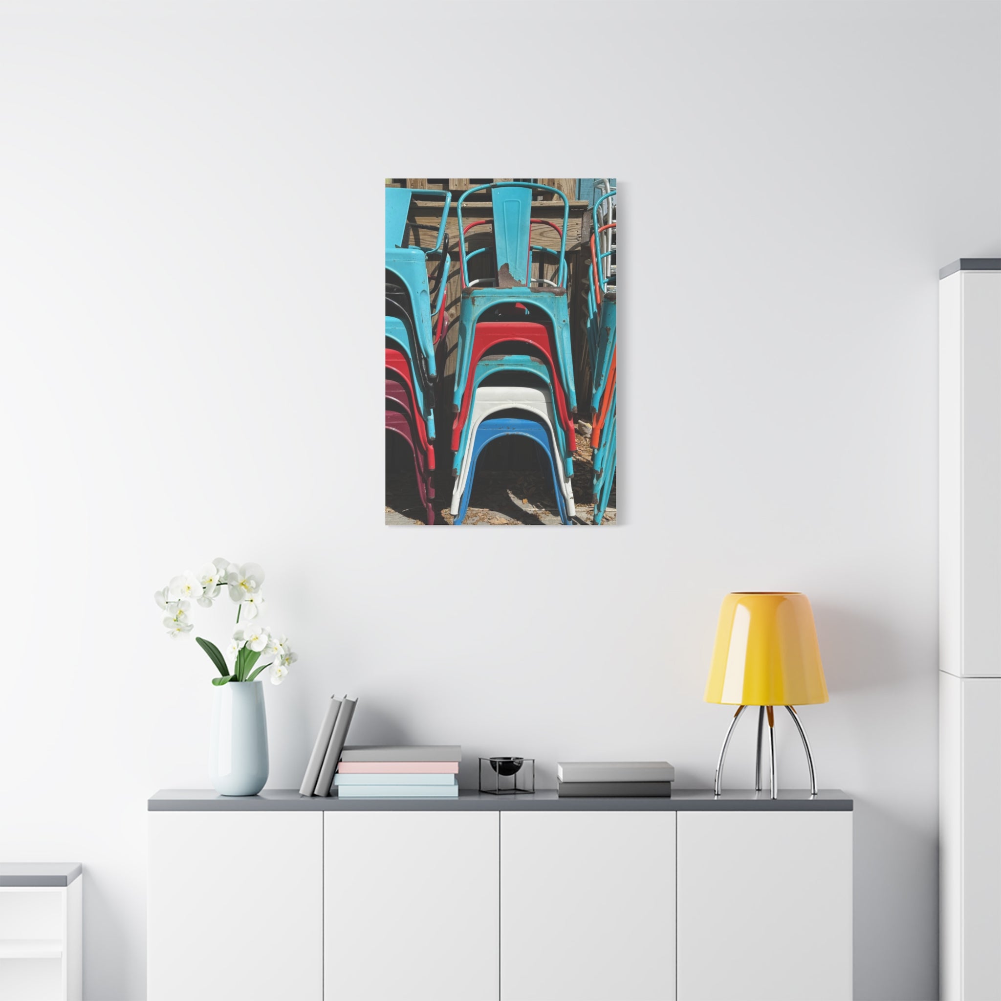 Stacked Metal Chairs Canvas Print — Colorful Retro Seating Wall Art
