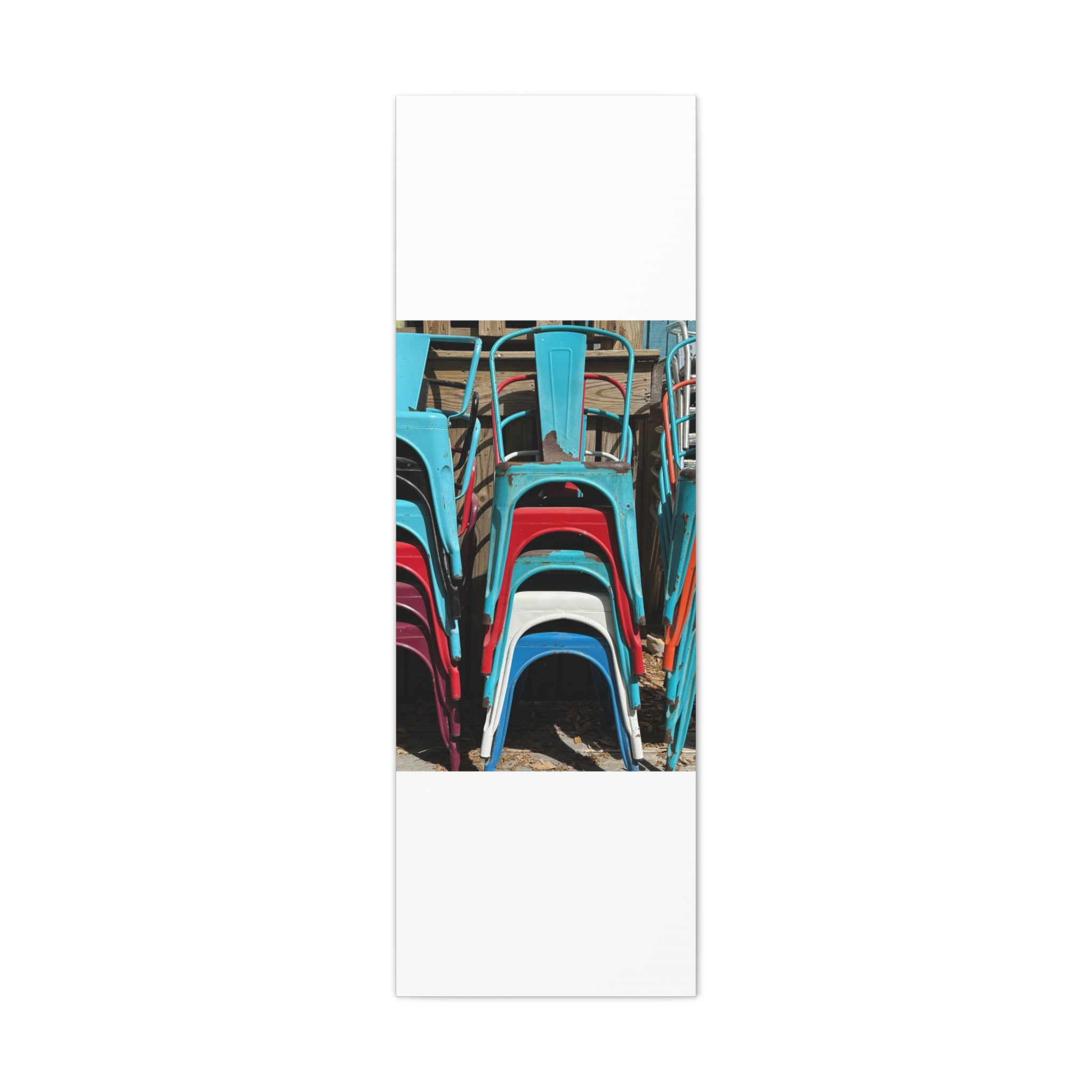 Stacked Metal Chairs Canvas Print — Colorful Retro Seating Wall Art