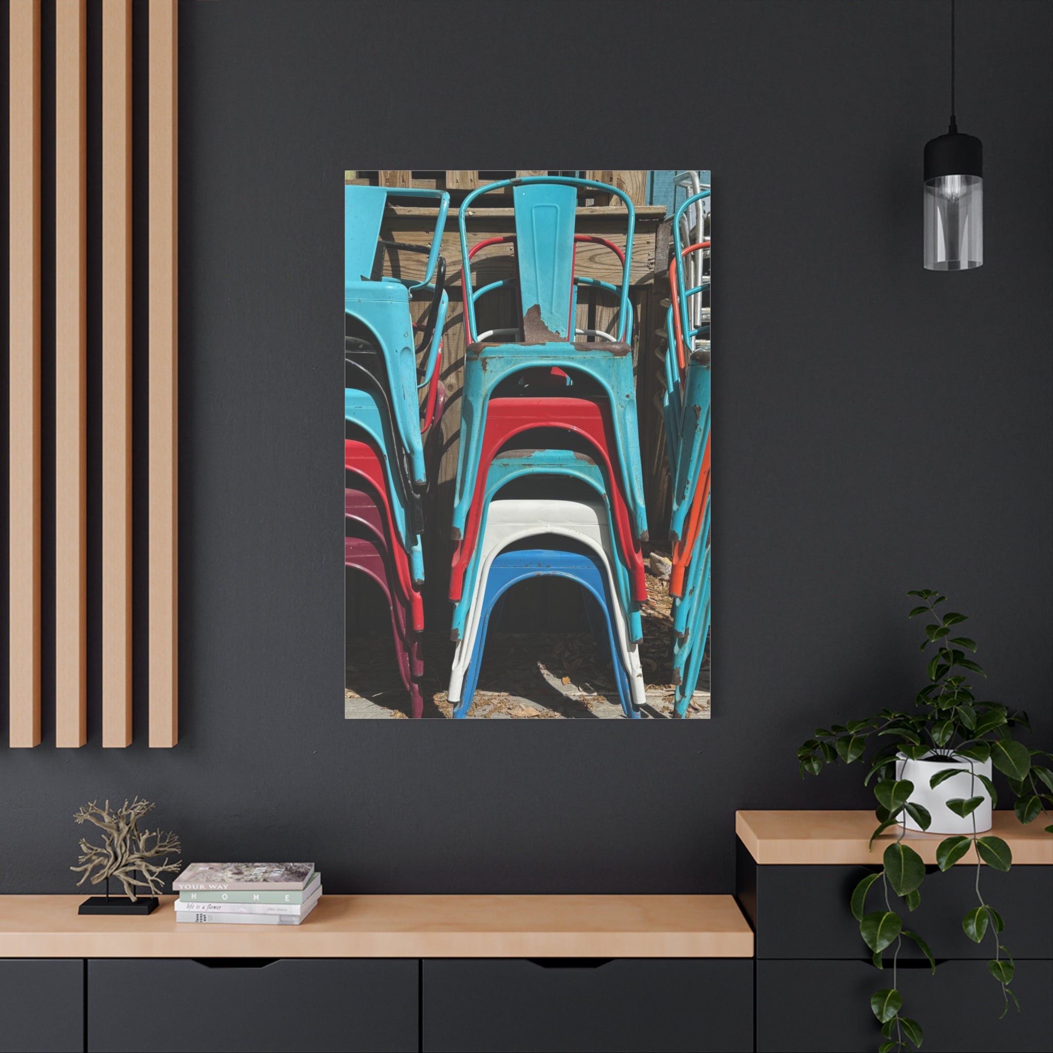 Stacked Metal Chairs Canvas Print — Colorful Retro Seating Wall Art