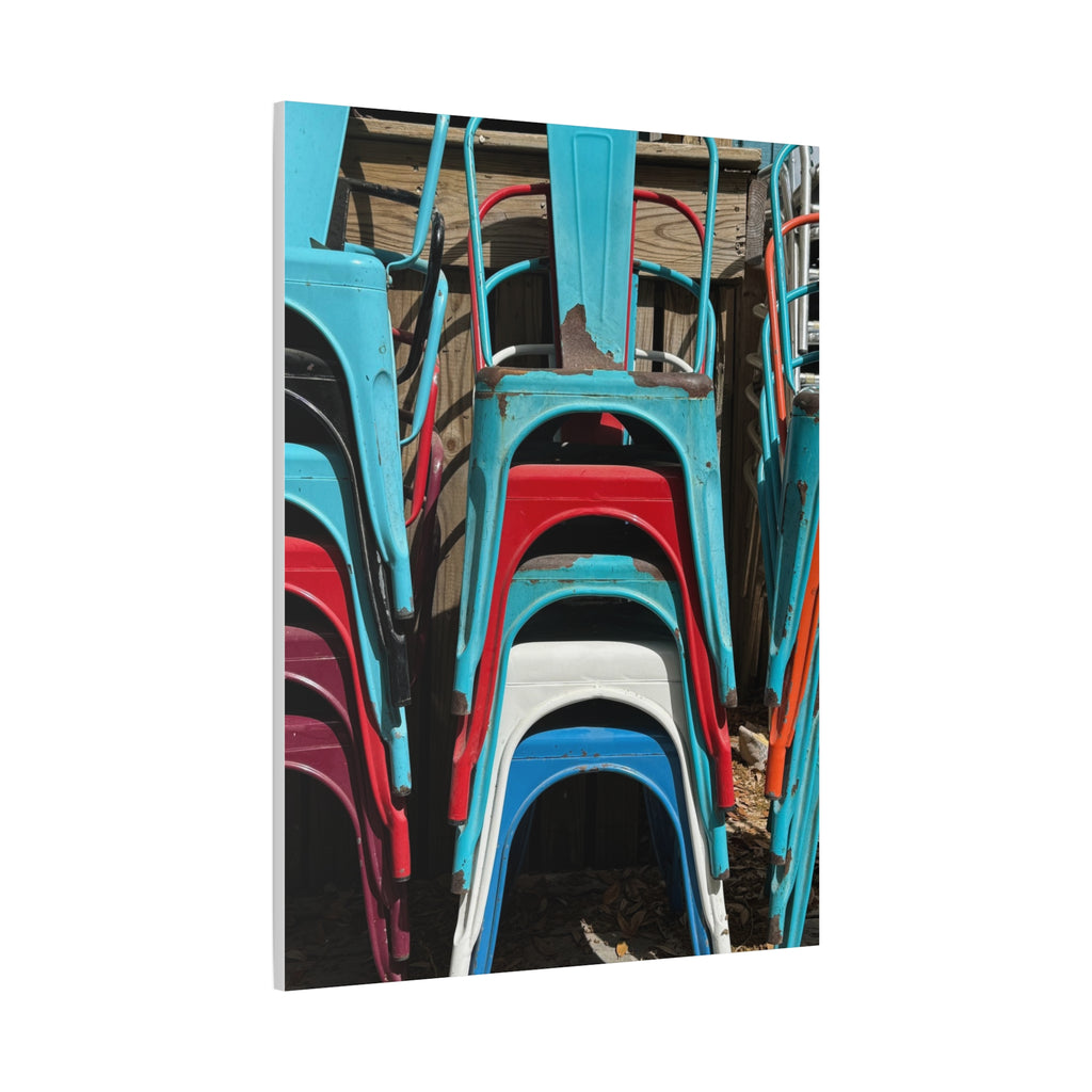 Stacked Metal Chairs Canvas Print — Colorful Retro Seating Wall Art