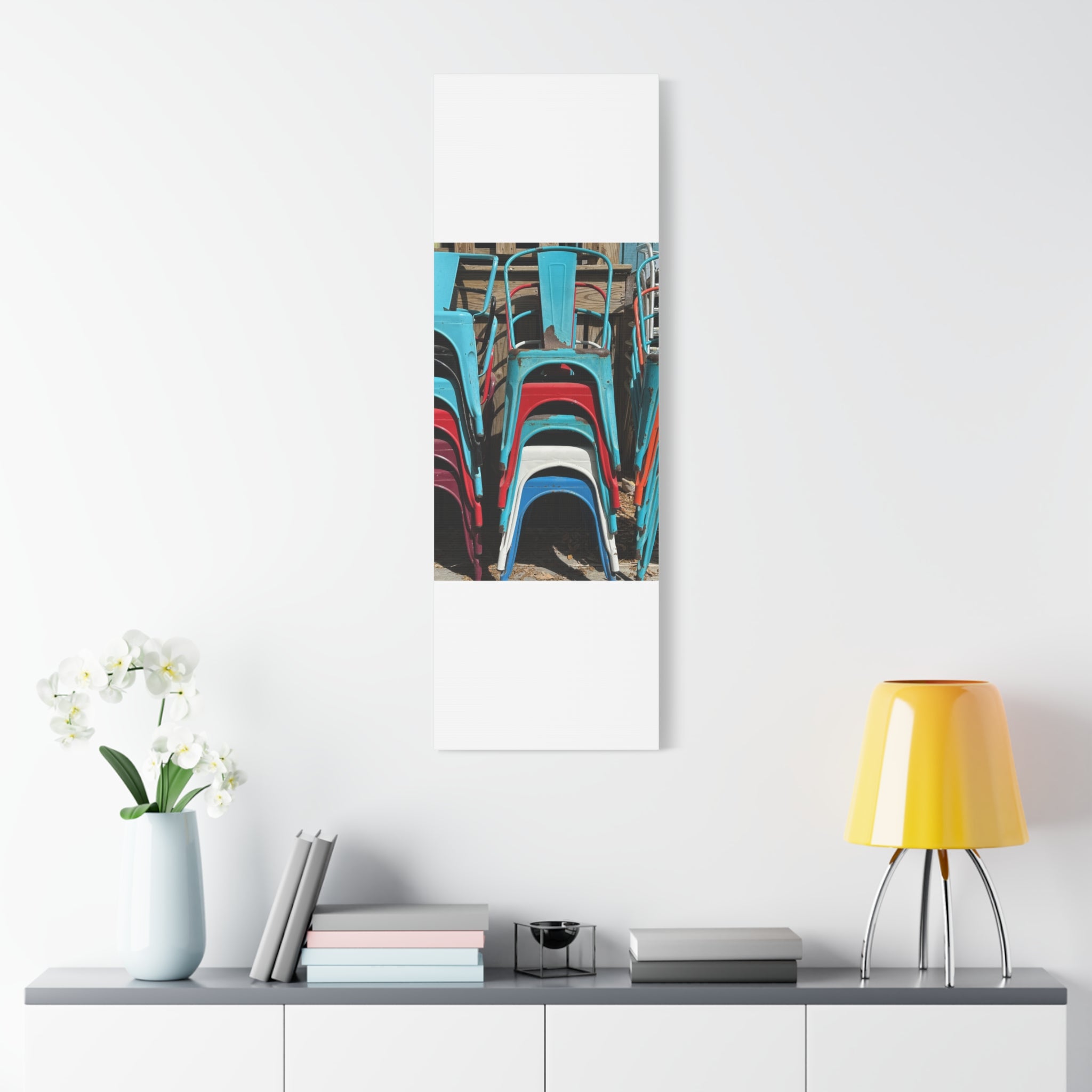 Stacked Metal Chairs Canvas Print — Colorful Retro Seating Wall Art