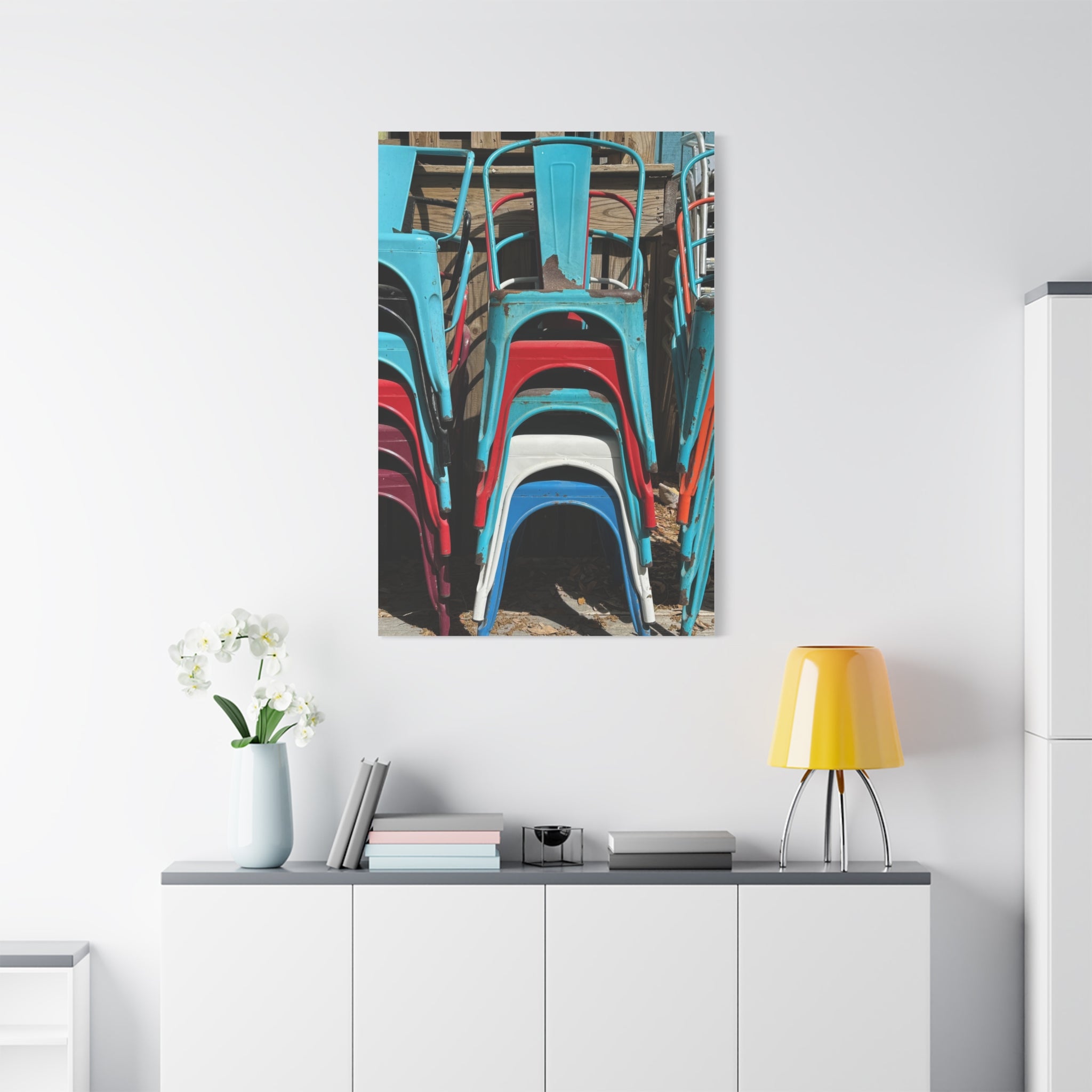 Stacked Metal Chairs Canvas Print — Colorful Retro Seating Wall Art