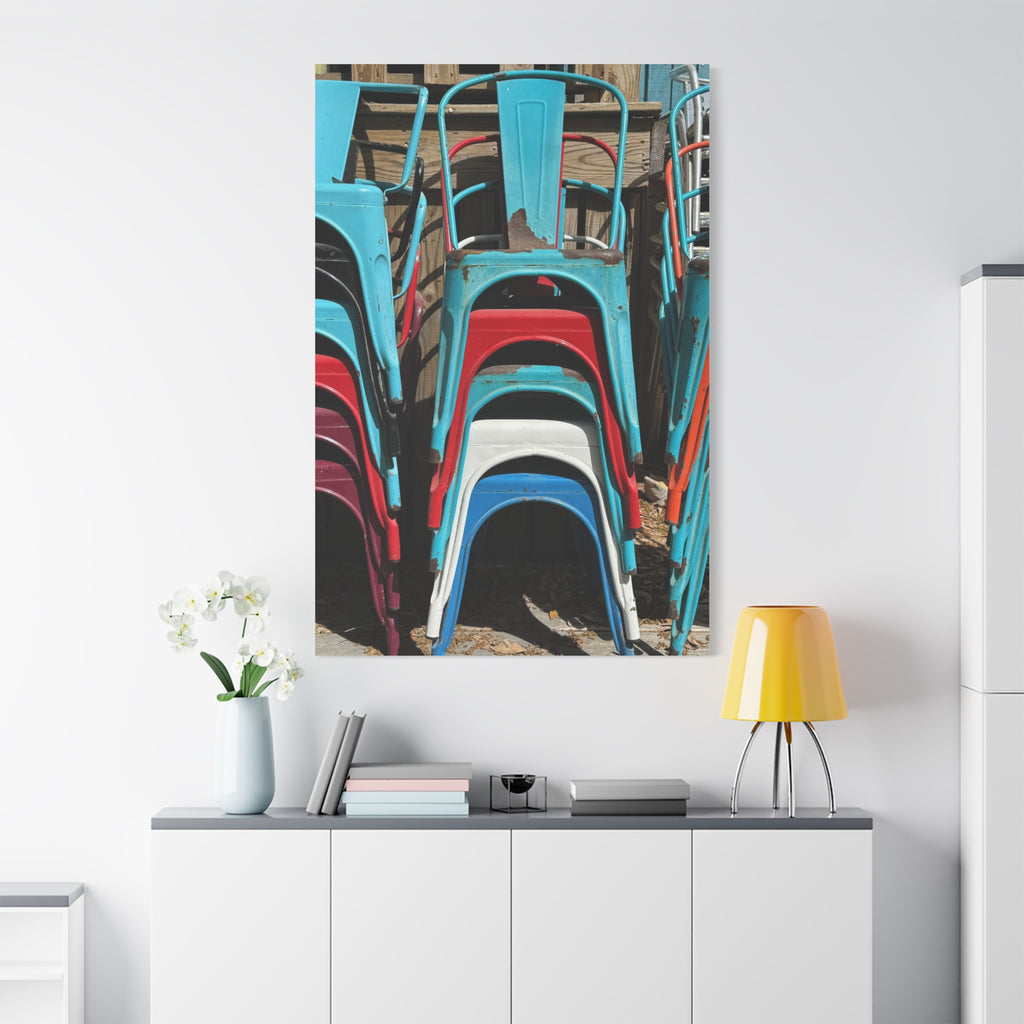 Stacked Metal Chairs Canvas Print — Colorful Retro Seating Wall Art