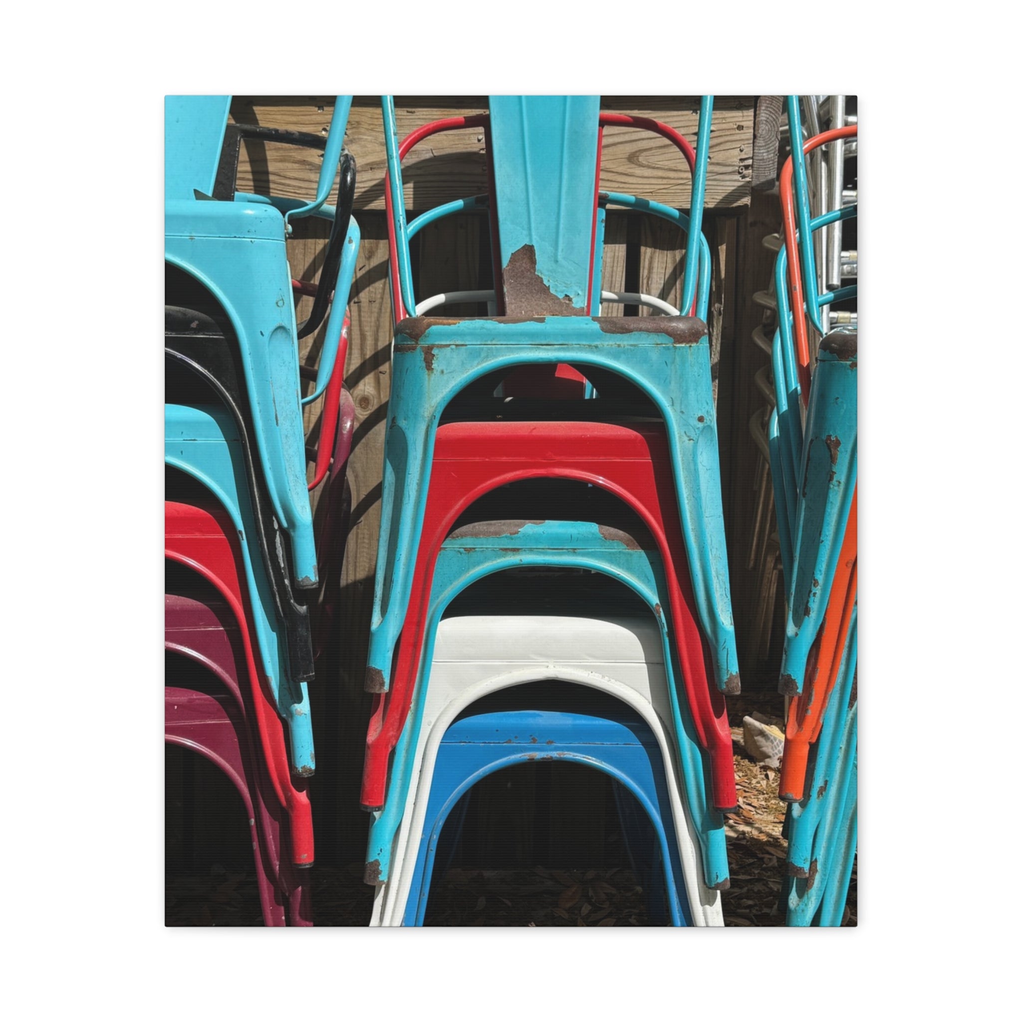 Stacked Metal Chairs Canvas Print — Colorful Retro Seating Wall Art