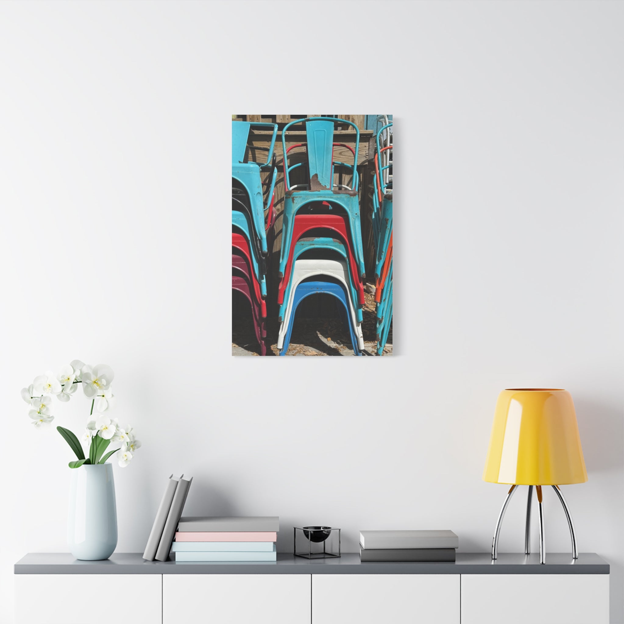 Stacked Metal Chairs Canvas Print — Colorful Retro Seating Wall Art