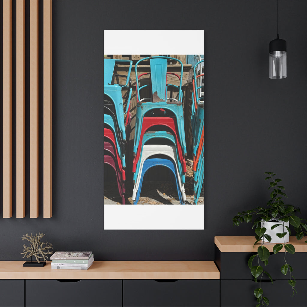 Stacked Metal Chairs Canvas Print — Colorful Retro Seating Wall Art