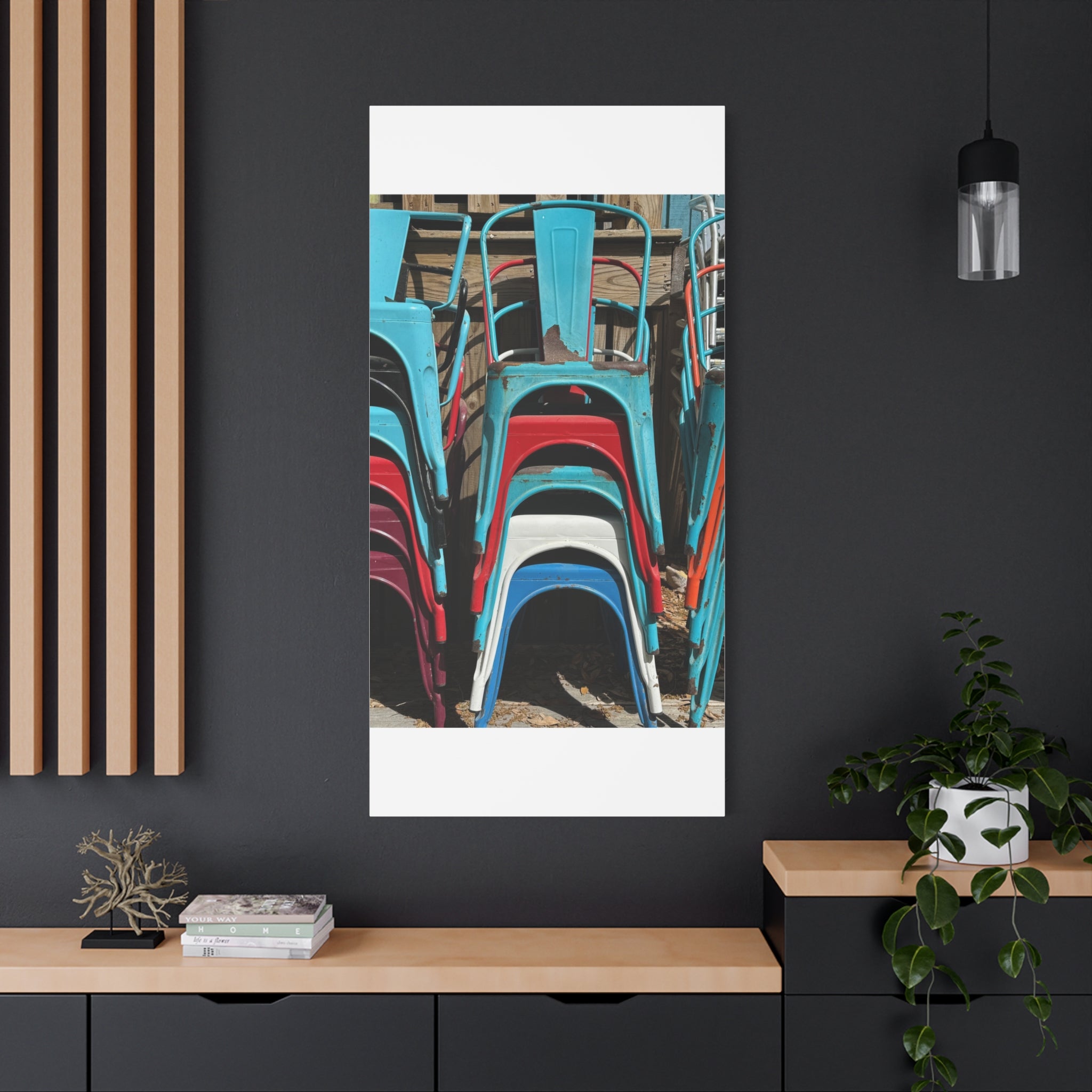 Stacked Metal Chairs Canvas Print — Colorful Retro Seating Wall Art