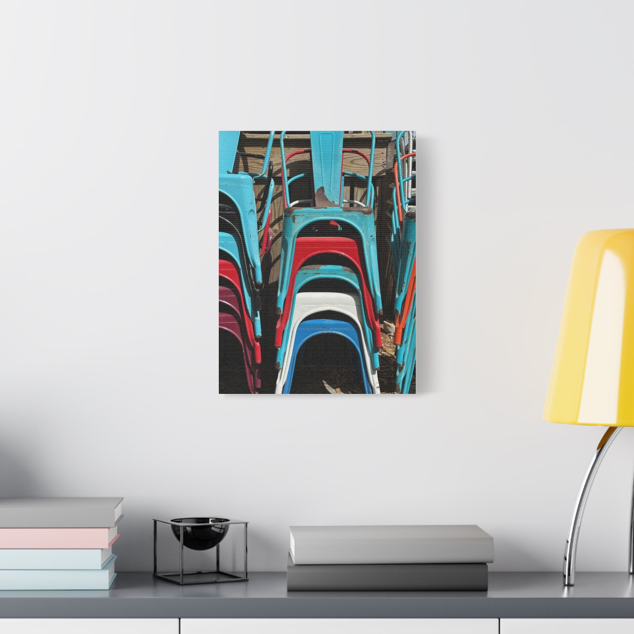 Stacked Metal Chairs Canvas Print — Colorful Retro Seating Wall Art