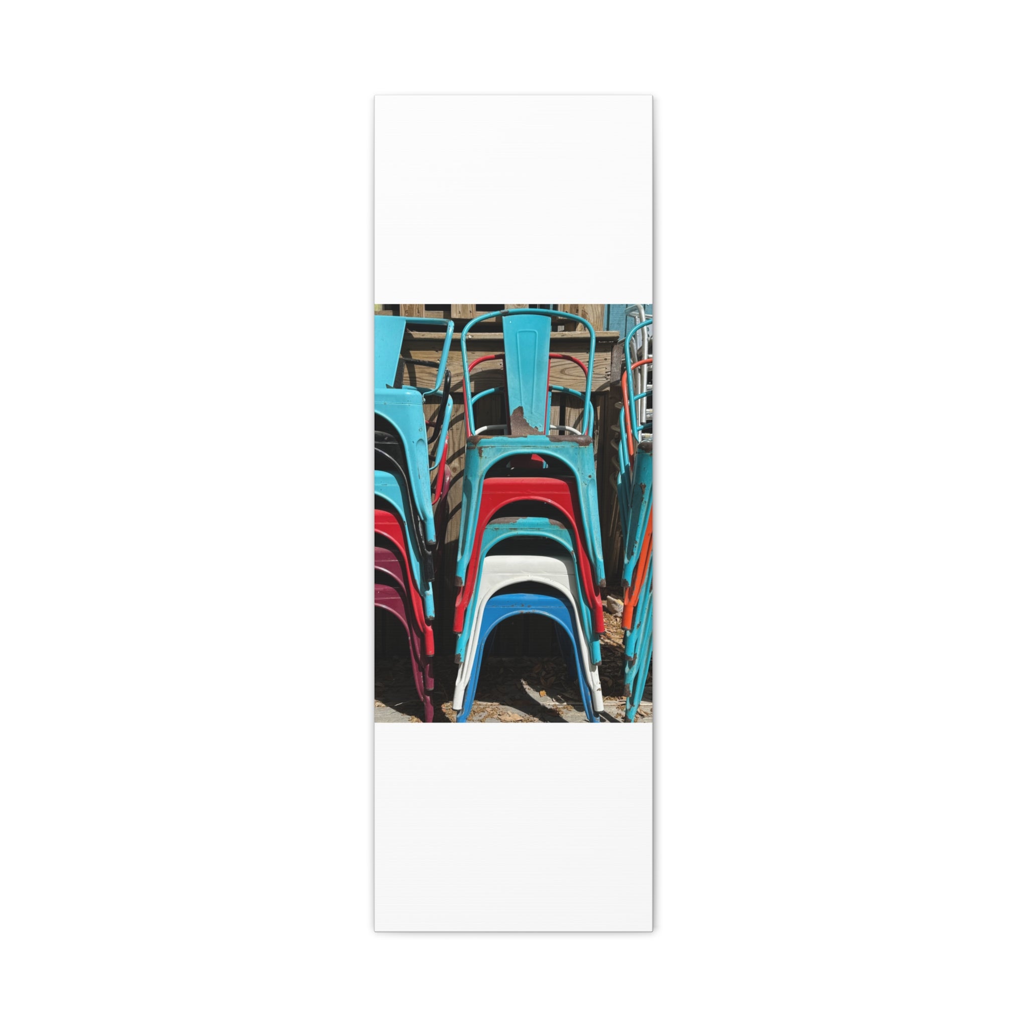 Stacked Metal Chairs Canvas Print — Colorful Retro Seating Wall Art