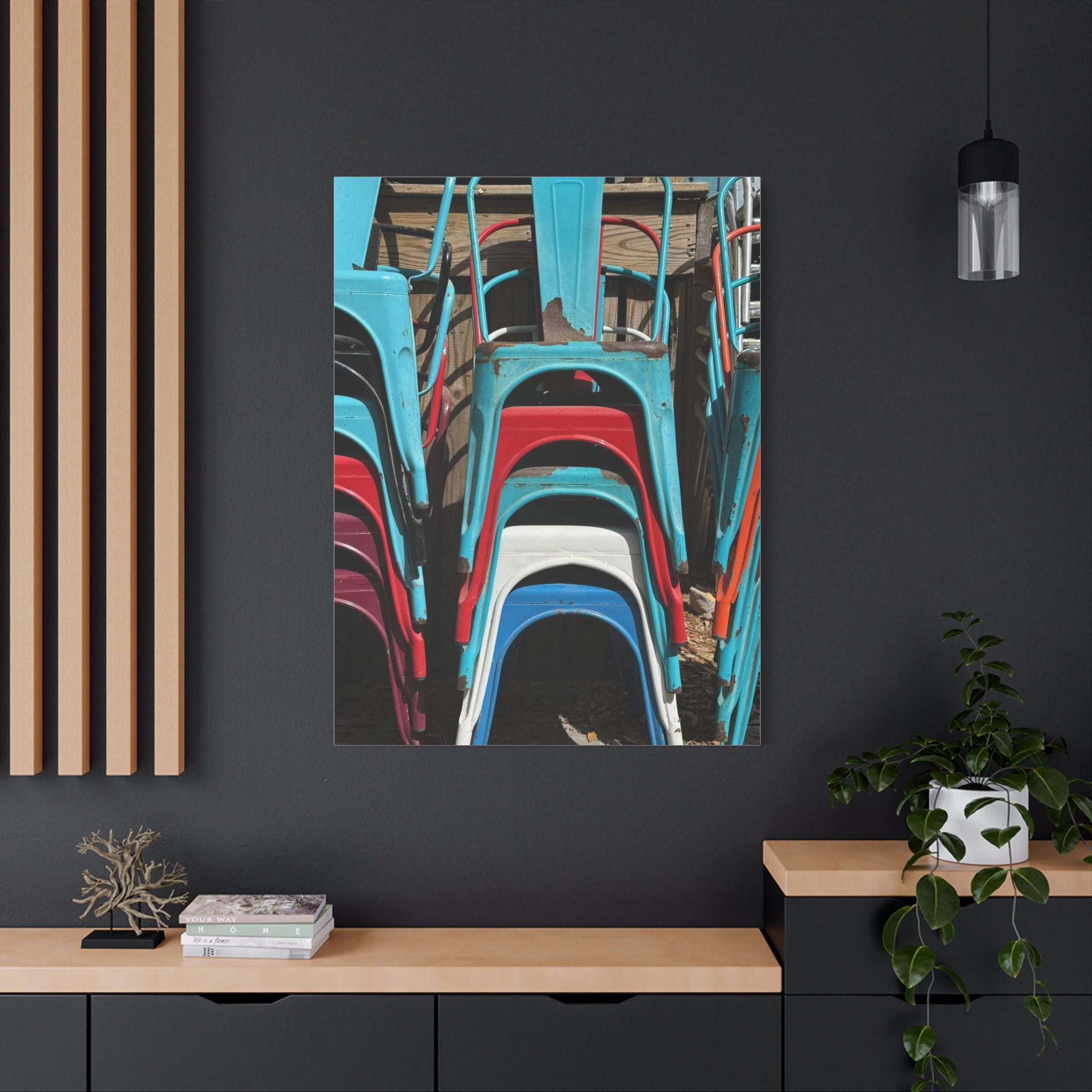 Stacked Metal Chairs Canvas Print — Colorful Retro Seating Wall Art